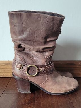 Harley-Davidson Brown Leather Slouch Block Heel Boots Size 9